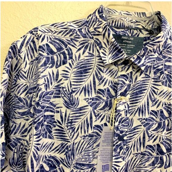 FREE LINE ATHENS Linen Shirt Men’s L/XL Short Sleeve Button Up Blue Leaf Print. - Picture 5 of 13